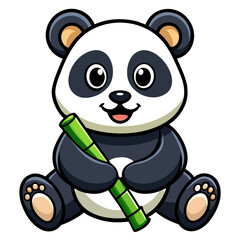 Cartoon Panda Sitting and Holding Bamboo, Cute and Playful Animal Illustration