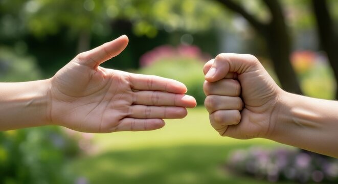 Two hands, one open palm and one clenched fist, ready for rock paper scissors game. Conflict, decision making concept.