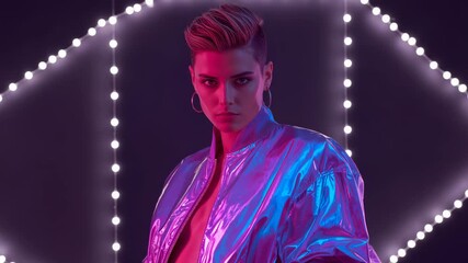 Shifting lights model in bomber jacket tilting head dropping gaze, reflecting in LED-lit studio - Powered by Adobe