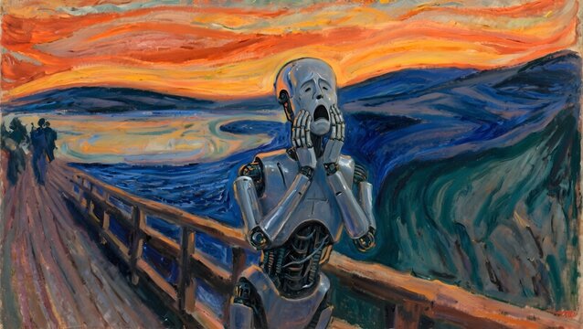 Stylized robot screaming in agony on bridge under painted sky reinterpreting The Scream in futuristic context of AI fear and machine emotion