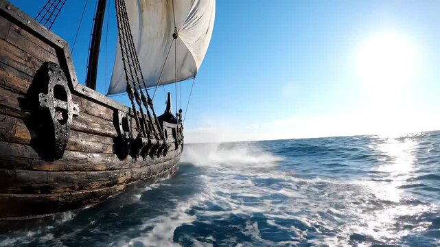 A wooden Viking longship with a white sail cuts through choppy ocean waves under a bright, sunny sky.