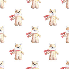seamless pattern of stuffed toy, plush fox hand drawn with colored pencils on white background. Fox stuffie in red scarf