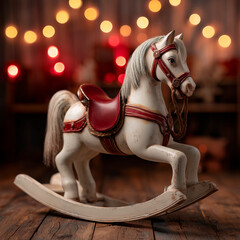 Vintage Wooden Rocking Horse Toy with Warm Christmas Lights Background