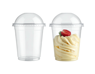 Two clear plastic cups, one empty, one with a dollop of yellow dessert and a strawberry
