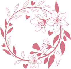 Romantic floral wreath illustration with blooming flowers, leaves, and hearts in soft pink tones, perfect for wedding decoration, love designs, and elegant botanical artwork.