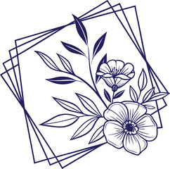 Stylish line art illustration of blooming flowers with leaves inside geometric overlapping square frames, perfect for modern decoration, botanical artwork, and elegant design projects.