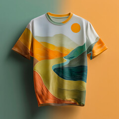 Mountain and Sunset Art on T-Shirt &ndash; Outdoor Style Clothing Mockup