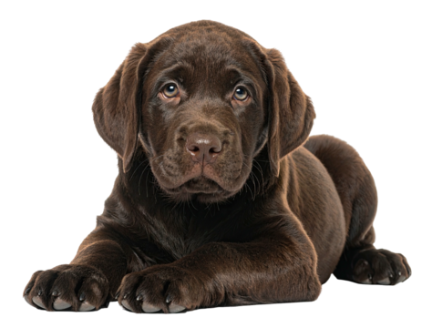 Chocolate Labrador puppy lying down, looking directly at viewer (2)