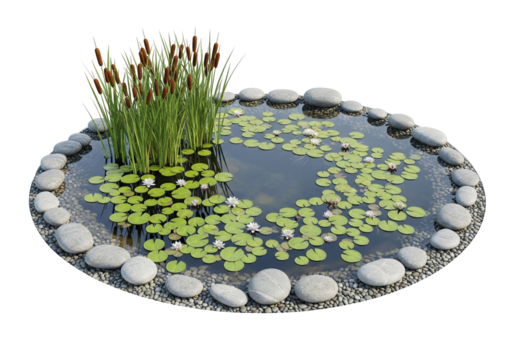 Circular Garden Pond with Lily Pads, Cattails, and Smooth Stones on White Background