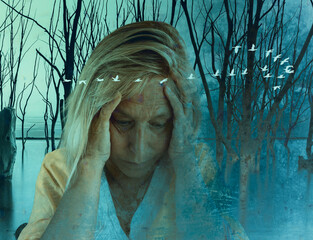 Sad thoughtful woman among flooded forest with flying birds symbolizing emotional pain, anxiety