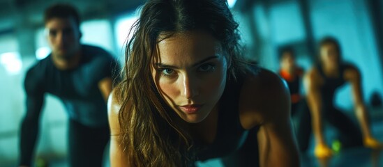 Woman leads gym workout, group fitness