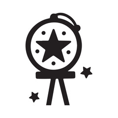 Silhouette festival decoration featuring star patterned round object on stand with scattered stars. 