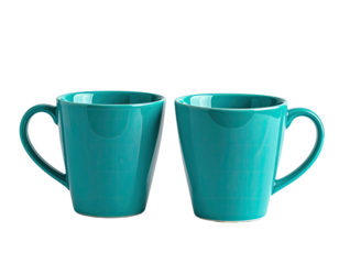 Two teal mugs side-by-side on black background