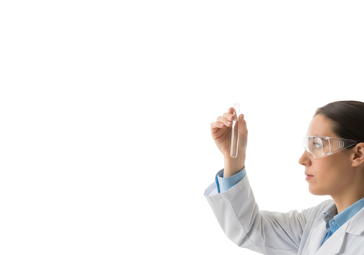 Side view of a female scientist in a lab coat and safety goggles examining a test tube, isolated on a white background with copy space.
