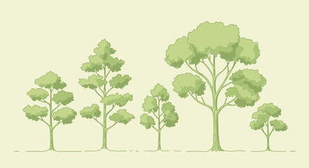 A diverse set of stylized green trees illustration, featuring various shapes and sizes. Ideal for eco-friendly graphic design, environmental projects, and clean natural background elements