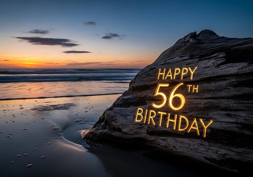 Glowing "Happy 56th Birthday" Message Illuminated on a Coastal Rock at Sunset, Peaceful Beach Scene.