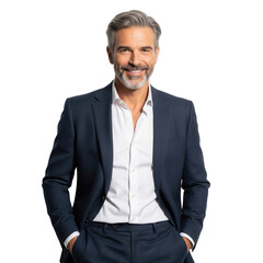 Fototapeta premium Confident middle-aged man in suit smiling with hands in pockets professional portrait isolated on transparent background