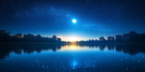 Fototapeta premium serene night scene featuring calm lake reflecting starry sky and bright moon. tranquil atmosphere evokes sense of peace and wonder
