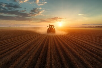 Tractor plowing freshly tilled field at sunset; dust kicked up, golden light, horizon