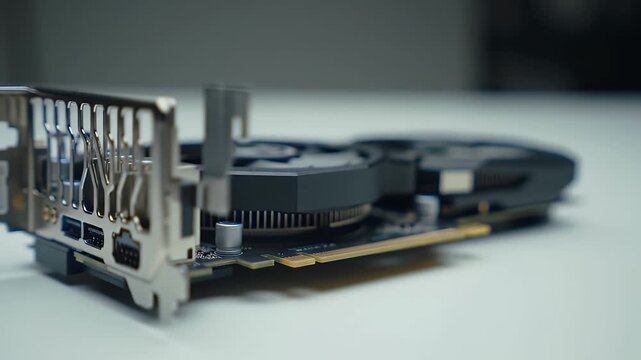 Close Up of a Black and Silver Graphics Card on a White Surface in a Studio Environment with Shallow Depth of Field and Smooth Lighting