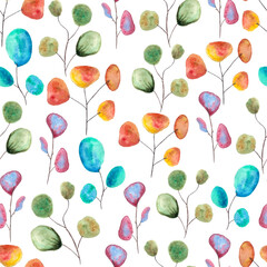 multicolored eucalyptus watercolor leaves on white background, hand drawn, seamless pattern