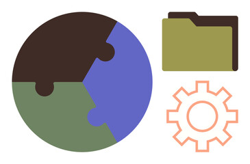 Puzzle globe, gear, and folder emphasize collaboration, organization, and problem-solving. Ideal for teamwork, innovation, technology, sustainability global strategy data management simple flat