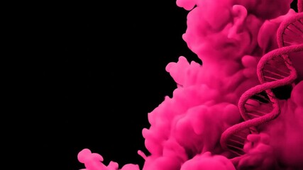 Abstract dna strand and magenta cloud against black background - Powered by Adobe