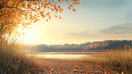 Autumn background, falling leaves and autumn trees under warm sunlight, beautiful nature walkway. 