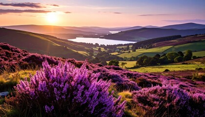 Sunrise over a purple moorland valley