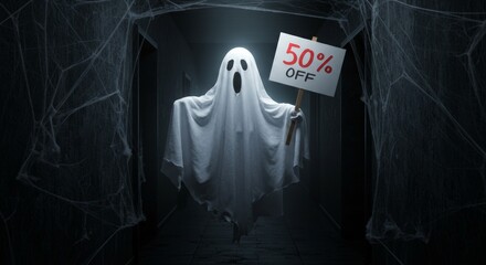 Funny Halloween ghost holding discount sale sign