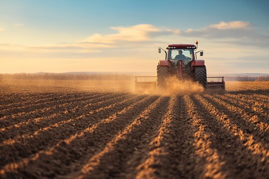 A red tractor plows a field during a sunset, kicking up dust. Farmer at work