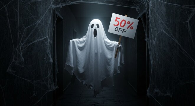 Funny Halloween ghost holding discount sale sign