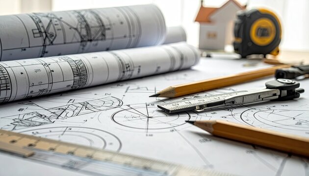 Architectural blueprints, tools, and a miniature house