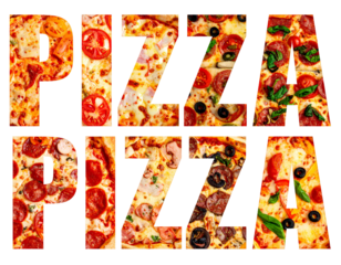Word “PIZZA” Filled with Different Pizza Textures, Creative Food Concept for Restaurants and Advertising, Isolated on Transparent Background, PNG