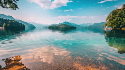 Serene Mountain Lake Scene with Calm Water and Blue Sky