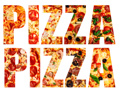 Word “PIZZA” Filled with Different Pizza Textures, Creative Food Concept for Restaurants and Advertising, Isolated on Transparent Background, PNG