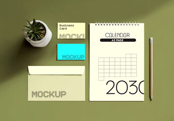 Desk Calendar and Stationery Branding Mockup with Envelope and Business Cards on Green Background