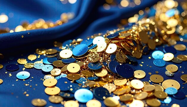 Gold and blue sequins on deep blue fabric