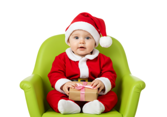 Baby in santa costume holding gift isolated on transparent background