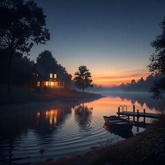 Fototapeta premium Serene Lakeside Cabin at Dawn.