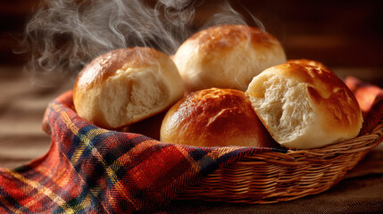 A basket of warm bread rolls with a bright plaid cloth and rising steam
