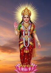 Fototapeta premium Goddess Lakshmi/Durga standing on a lotus flower, glowing with divine light against a deep blue and orange sky.