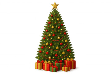 Naklejka premium Christmas tree standing with a golden star, red and gold baubles, warm string lights, and presents, isolated