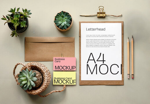 Stationery Branding Mockup with Letterhead Envelope and Business Cards