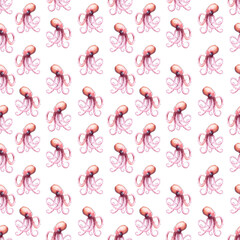 seamless pattern of pink octopus on white background, hand drawn watercolor illustration