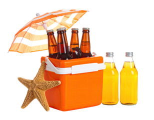 Orange cooler with beer bottles, umbrella, and drinks