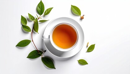 White teacup filled with amber liquid, surrounded by fresh leaves