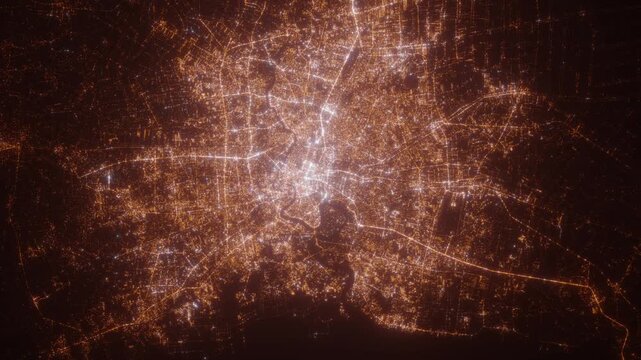 Bangkok (Thailand) aerial view at night. View on modern city from space. Camera is zooming in, rotating counterclockwise