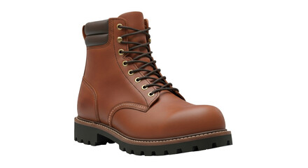 Isolated sturdy leather work boot for construction and outdoor work, brown color
