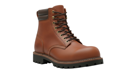 Isolated sturdy leather work boot for construction and outdoor work, brown color